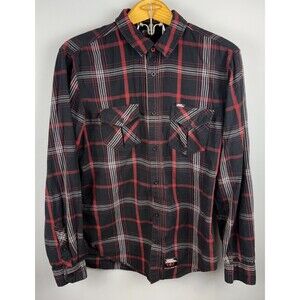 No Fear Plaid Black Red Button Up Long Sleeve Shirt Men's Size LARGE Vtg
